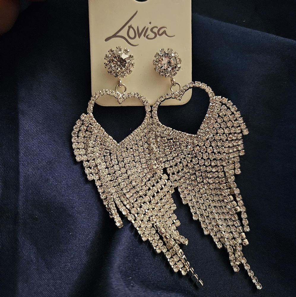 Long Dangling Heart Rhinestone Earrings